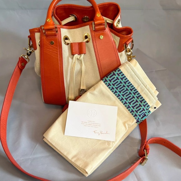 Tory Burch Handbags - Tory Burch Leather Canvas Bucket HandBag Drawstring Tote Orange Beige Gold